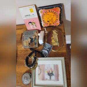 Junk Drawer Lot 1965 Peanuts Love Is MCM Decor Antique Sewing Machine Books